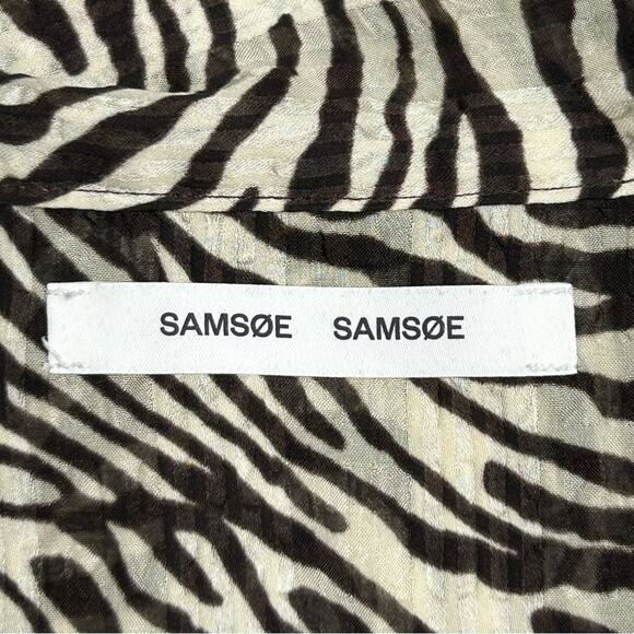 Samsoe Samsoe Dorothe Chocolate Brown  Zebra Print Tie Neck Blouse Large - Picture 6 of 13